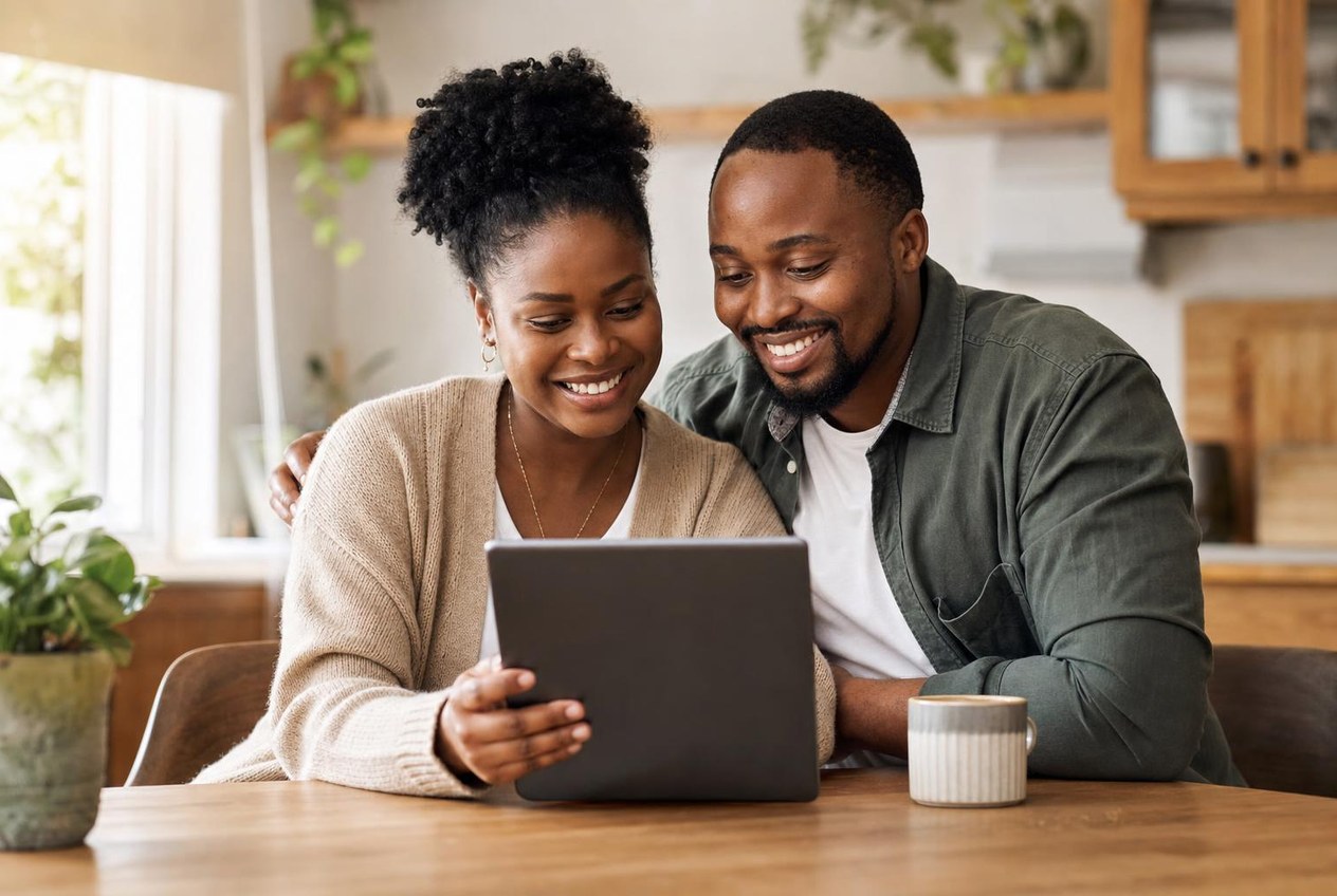 A South African couple reviewing affordable aligner finance on a tablet