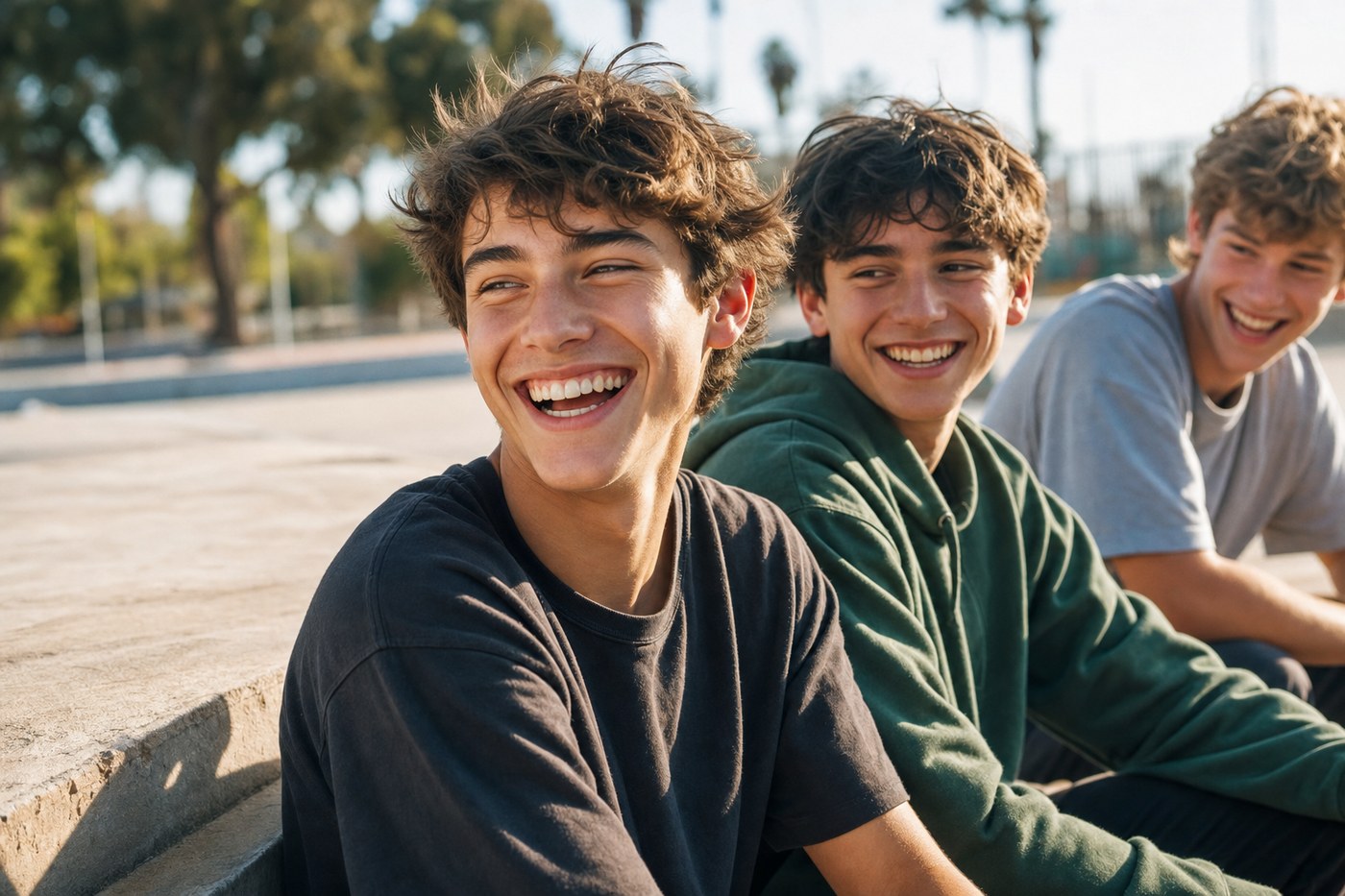 Teenage boys laughing together during an everyday outdoor moment