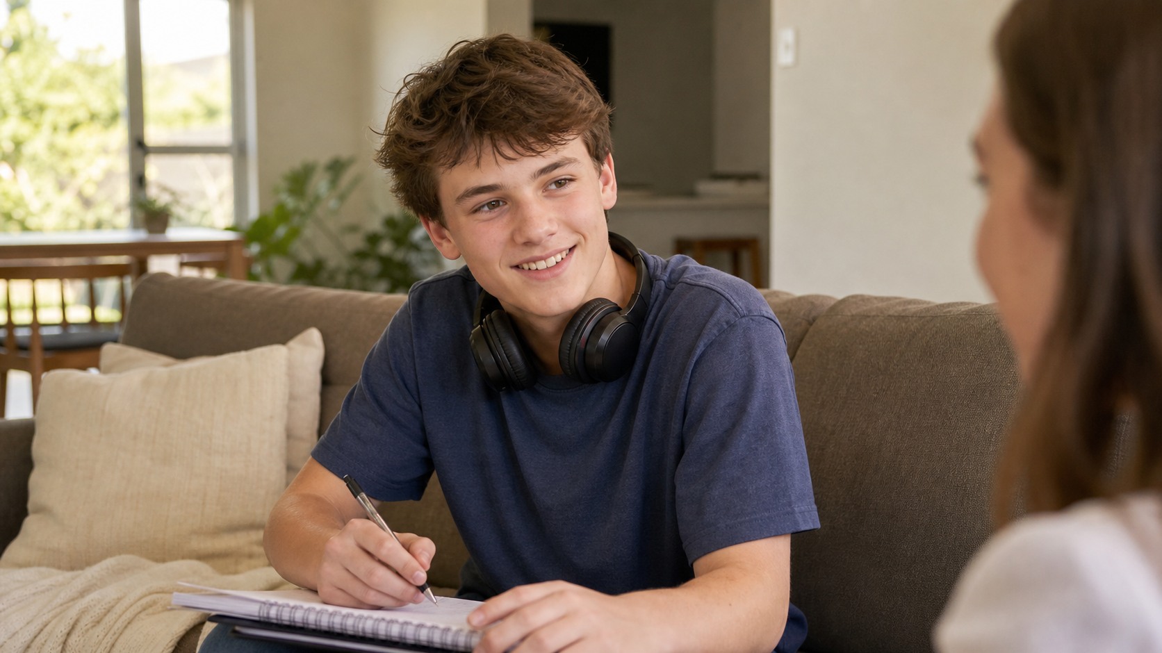 Teenage boy smiling comfortably while studying at home