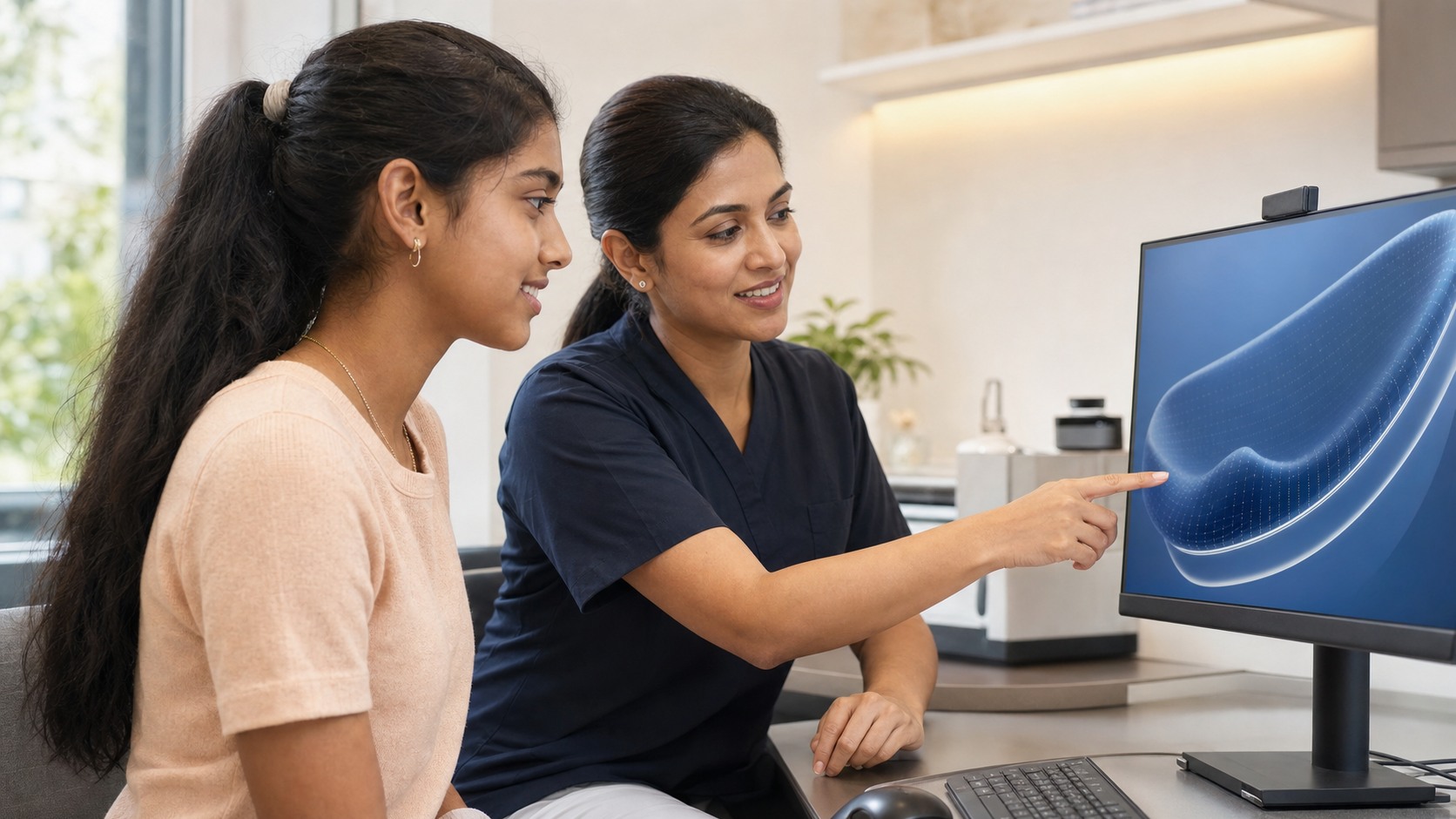 Teenager reviewing a digitally designed treatment plan with a dental professional