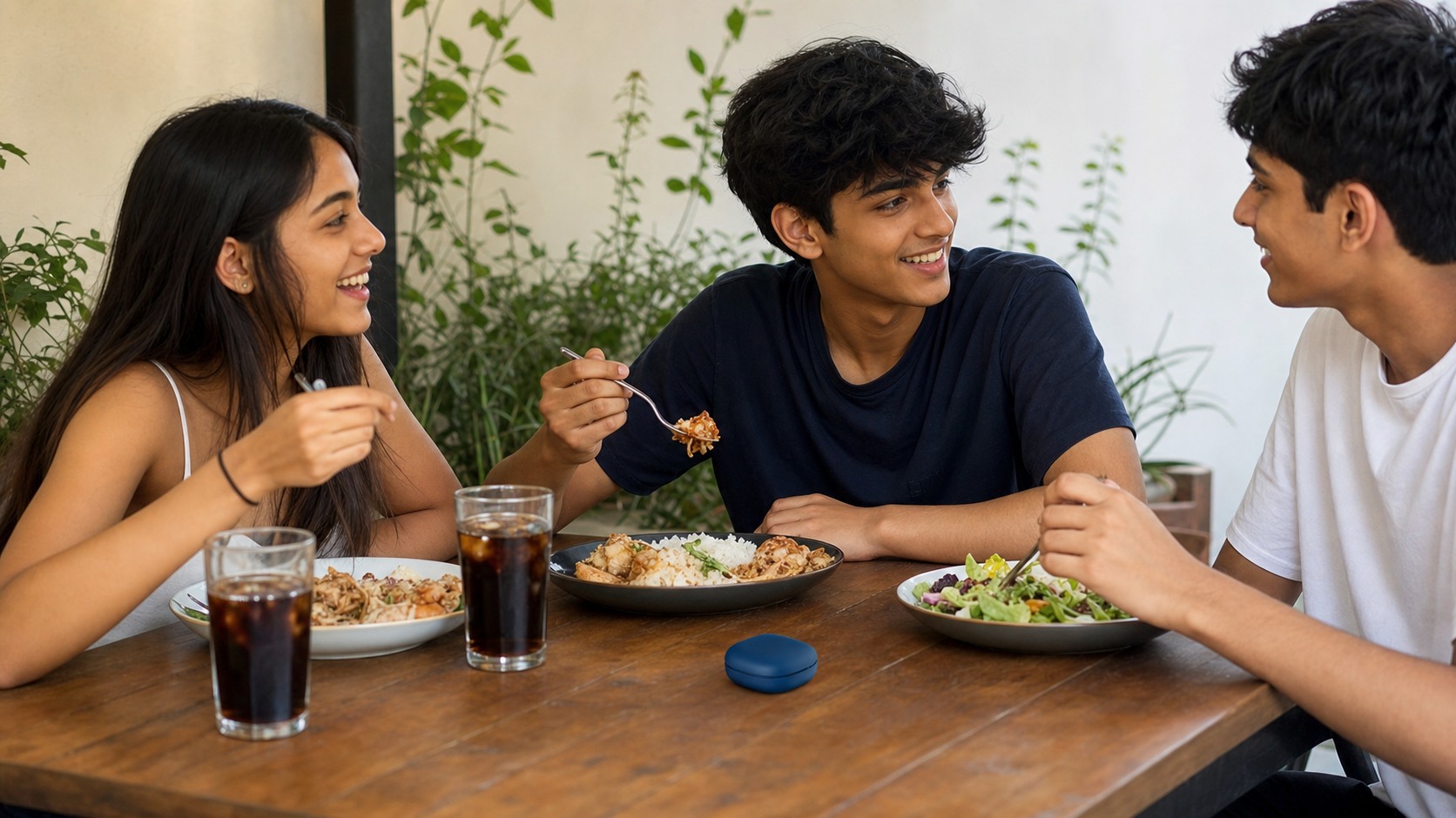 South African teenagers enjoying lunch together with an aligner case nearby