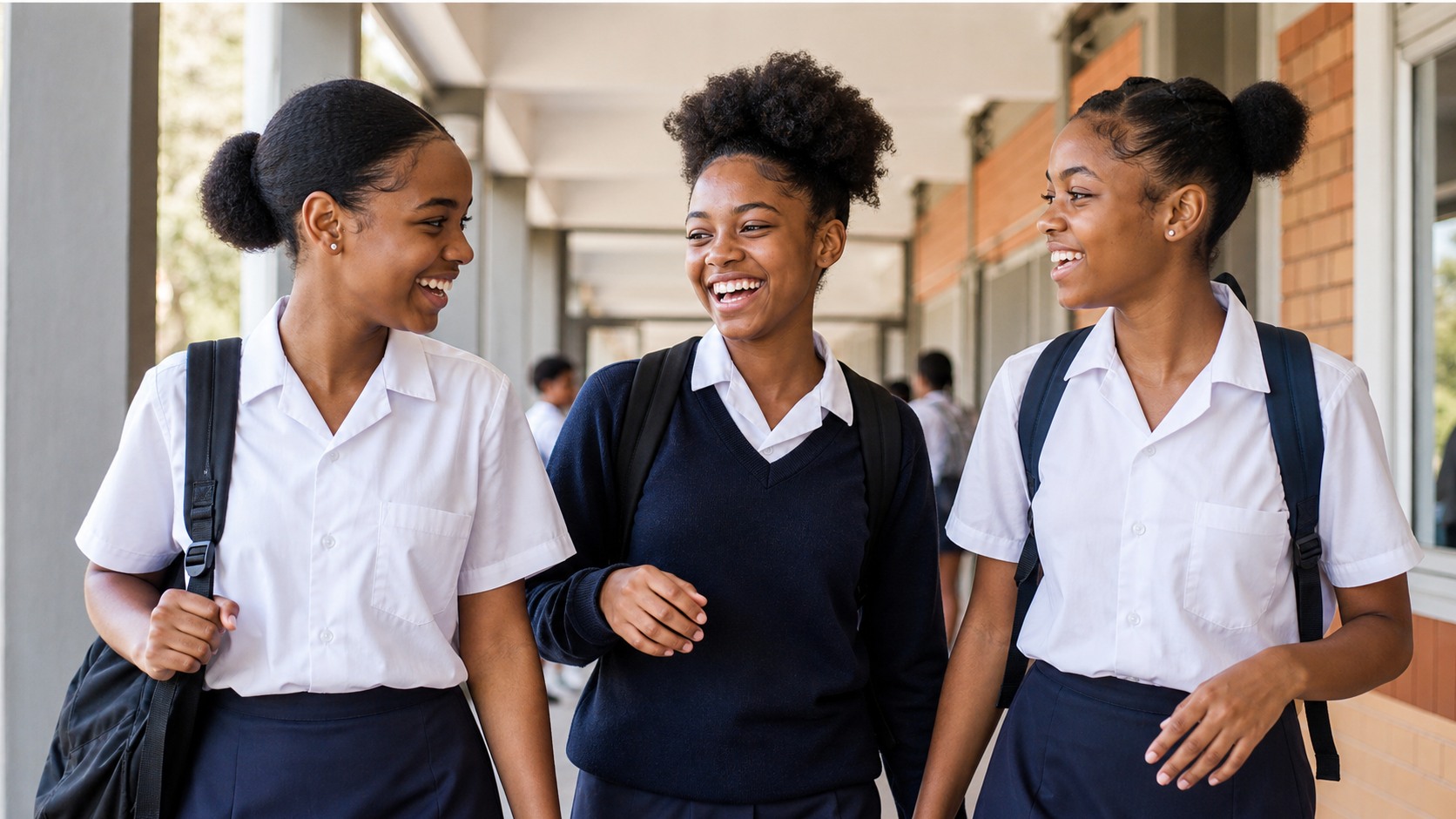 South African teenage girls smiling together at school