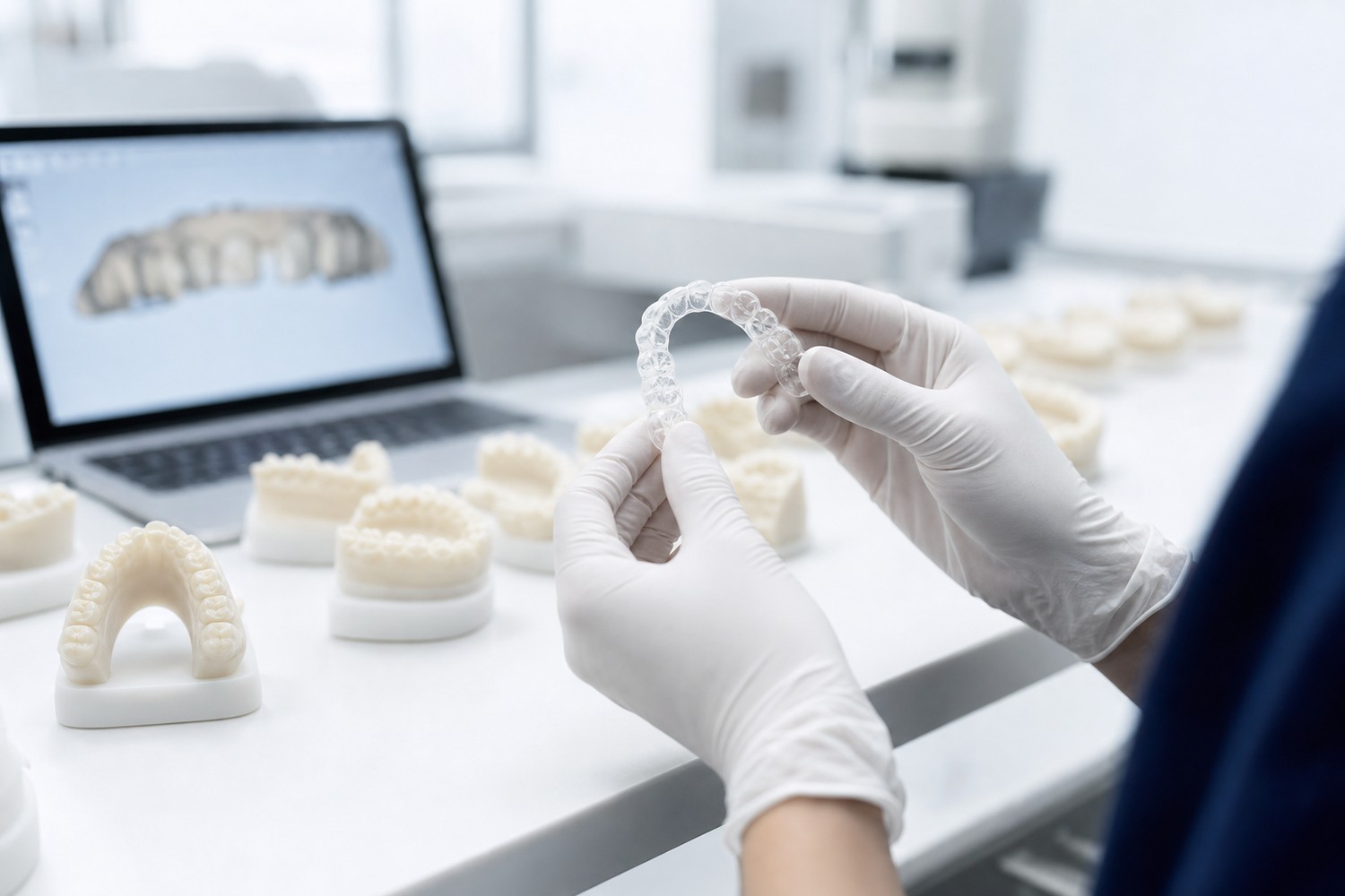 An Active Aligners laboratory technician checking a clear aligner beside digitally planned stage models