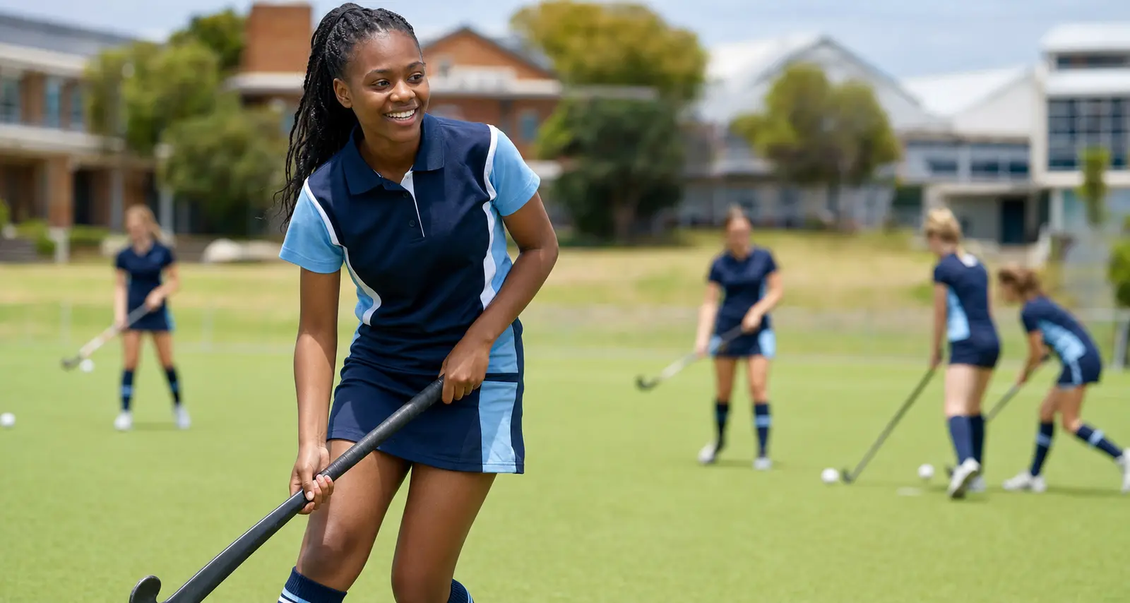 Teen student playing field hockey at school